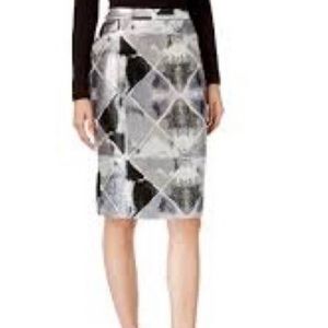 Calvin Klein Metallic Silver Black Jacquard Pencil Skirt
